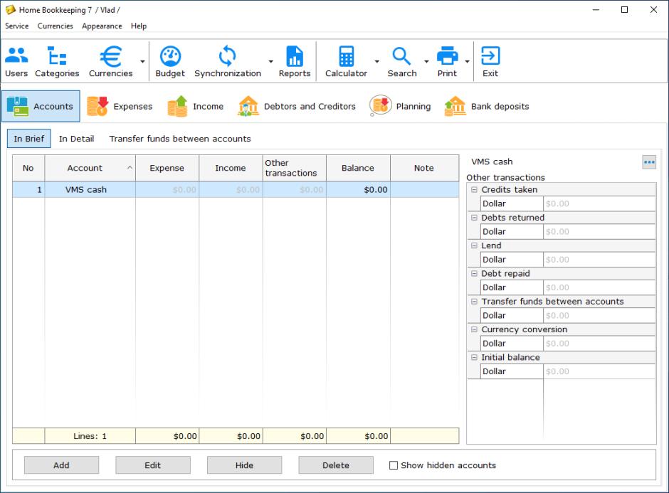 Home Bookkeeping main screen