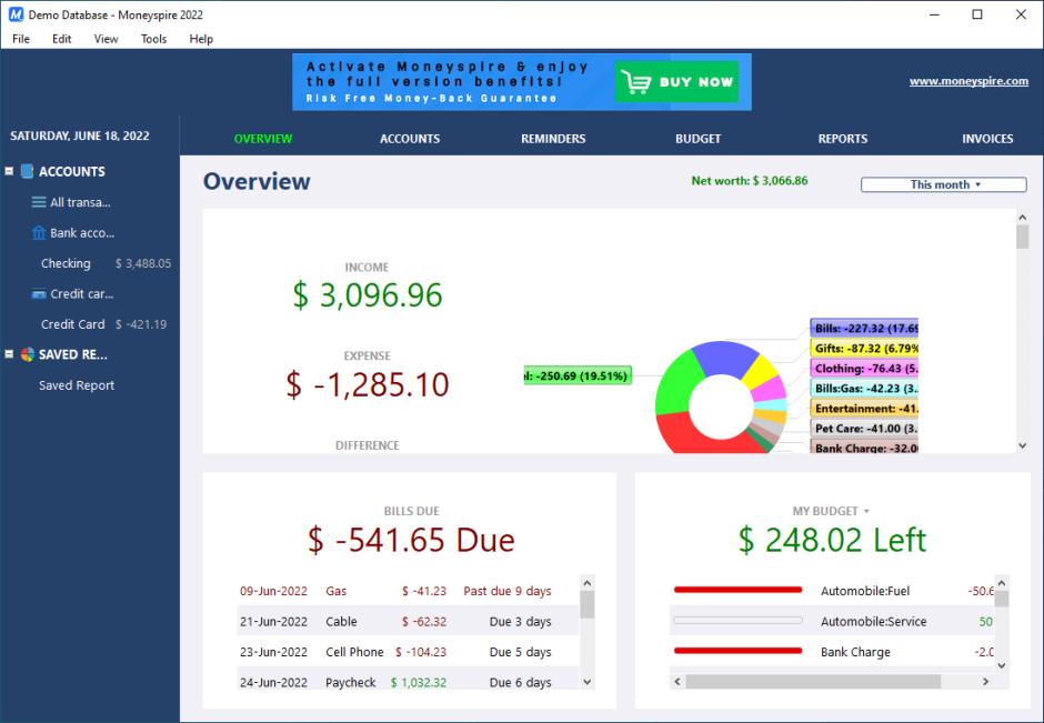 Moneyspire 2022 main screen