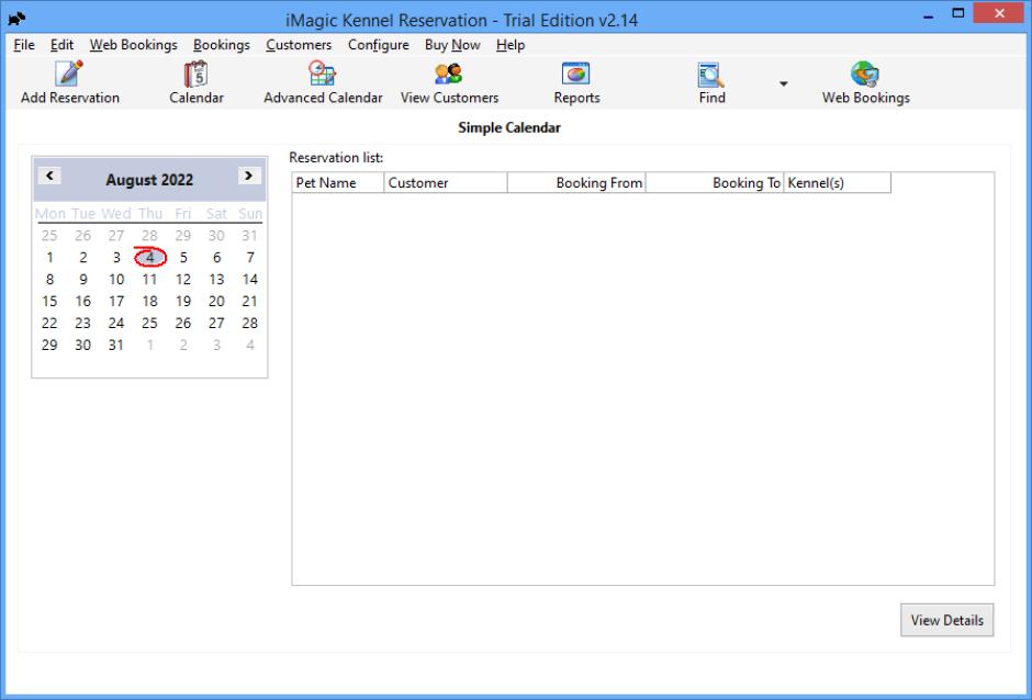 iMagic Kennel Reservation main screen