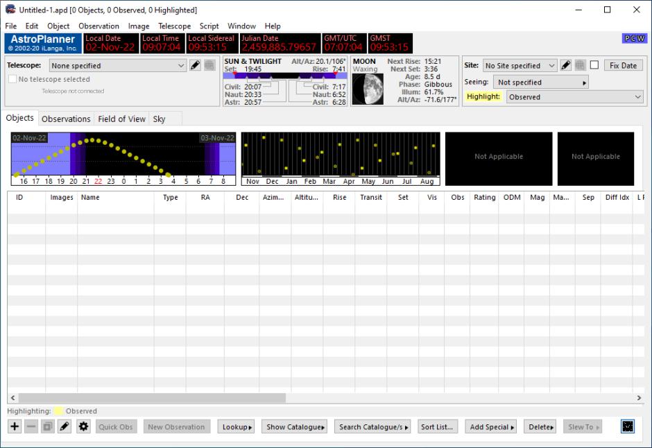 AstroPlanner main screen