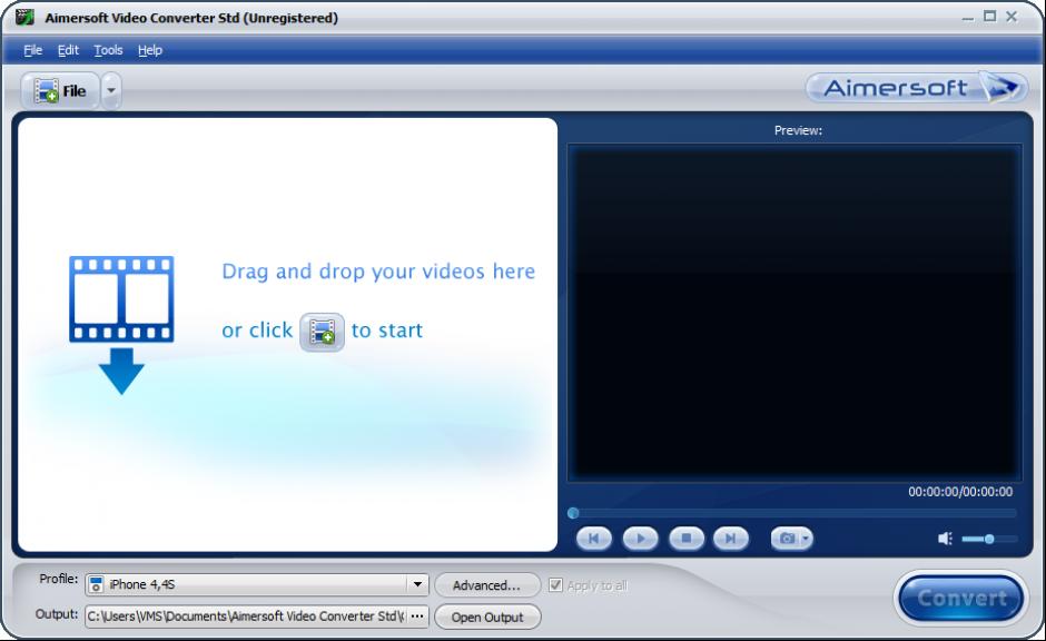 Aimersoft Video Converter Std main screen