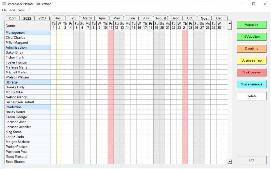 Attendance Planner main screen