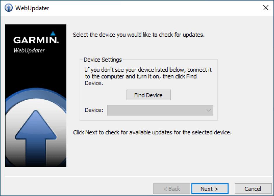 Garmin WebUpdater main screen