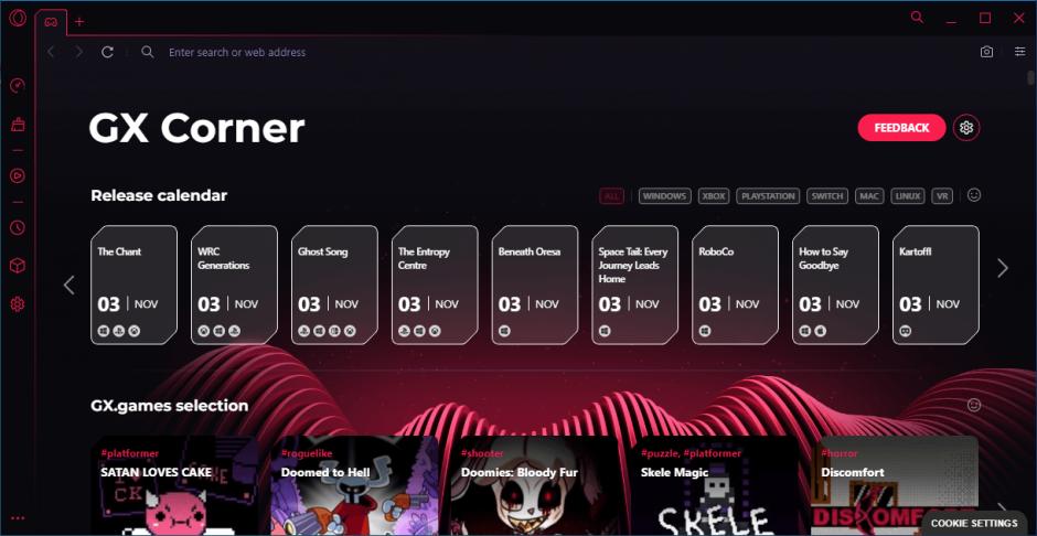 Opera GX Browser main screen
