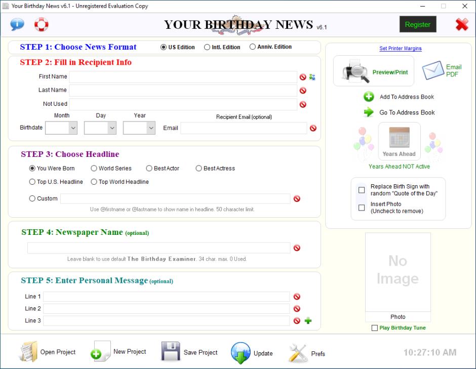 Your Birthday News main screen