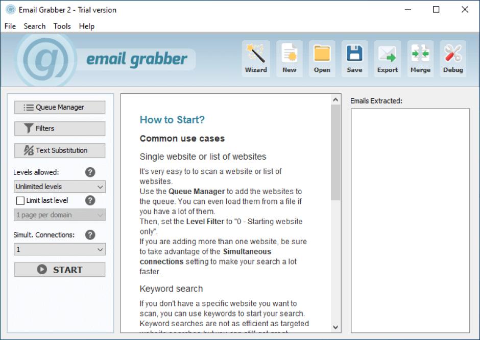Email Grabber main screen
