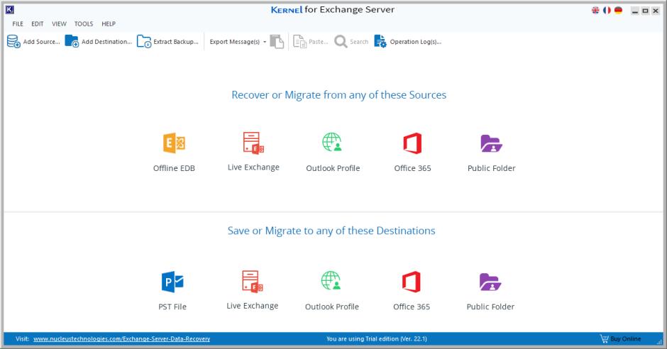 Kernel for Exchange Server main screen