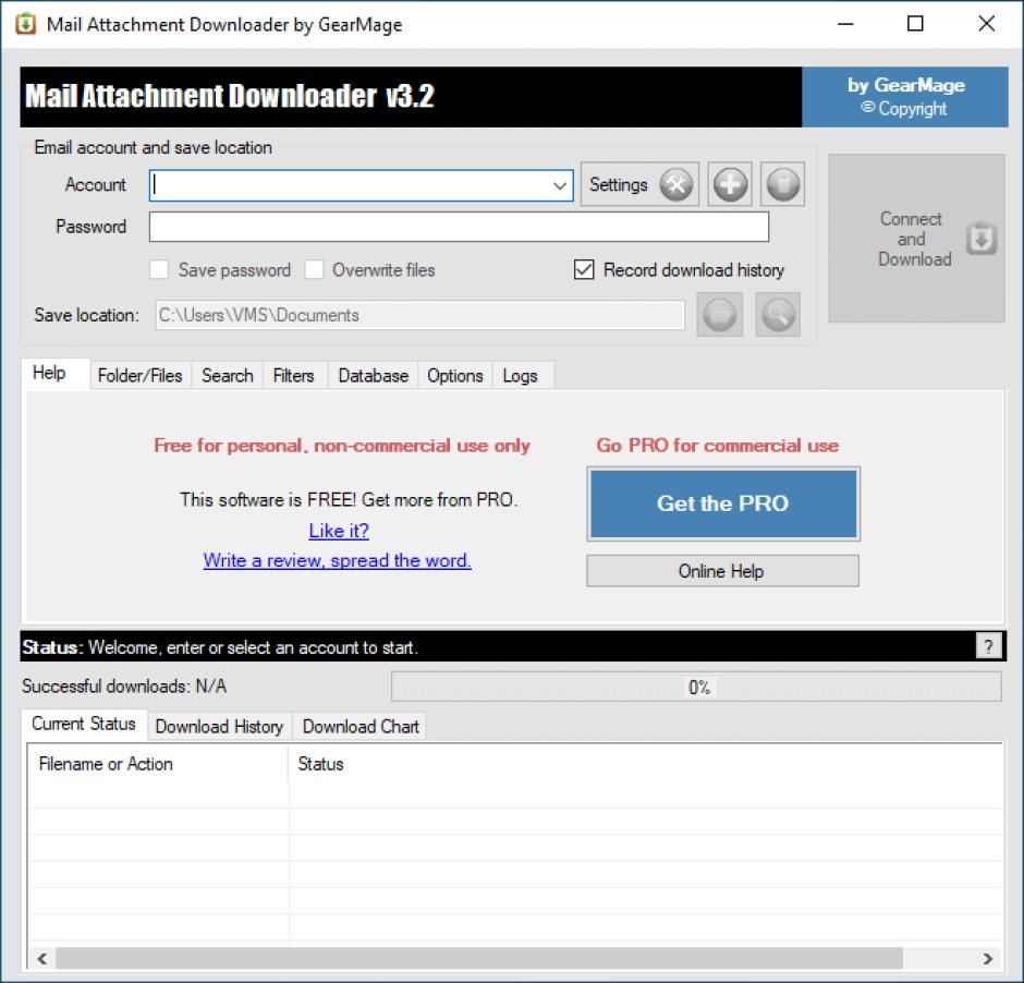 Mail Attachment Downloader main screen