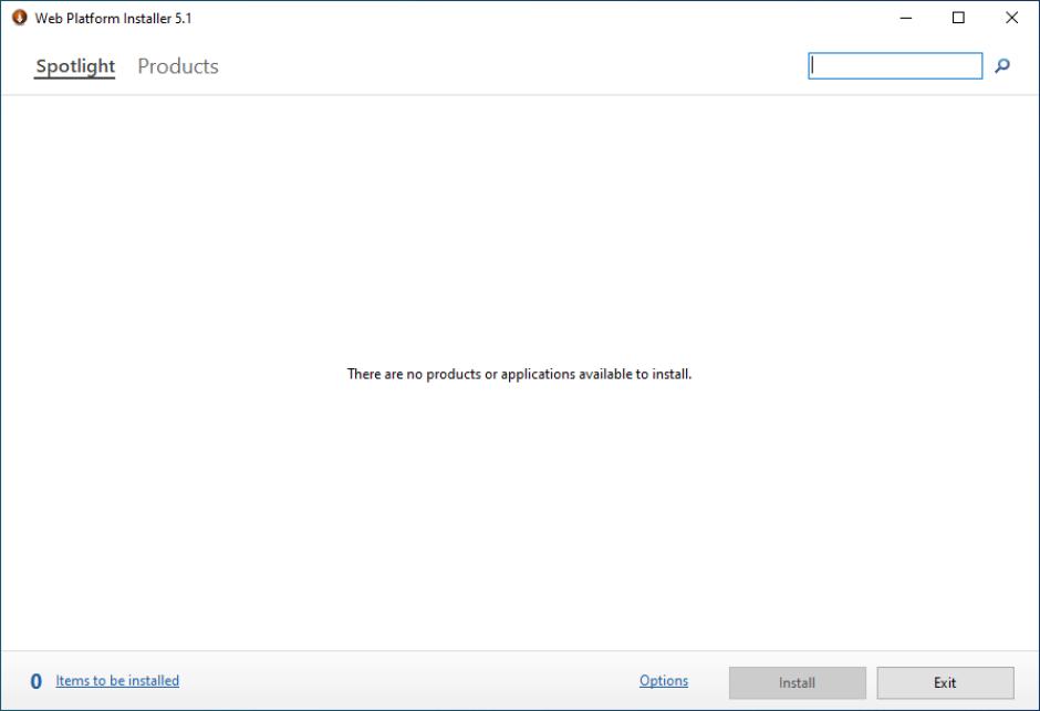 Microsoft Web Platform Installer main screen