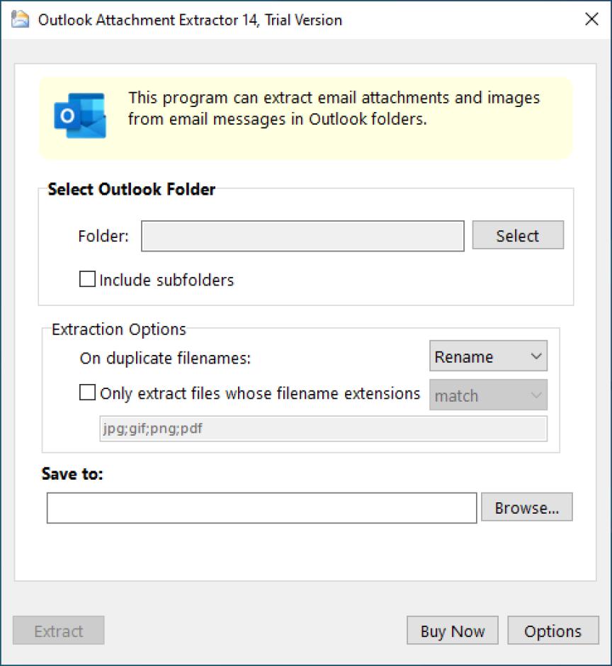 Outlook Attachment Extractor main screen