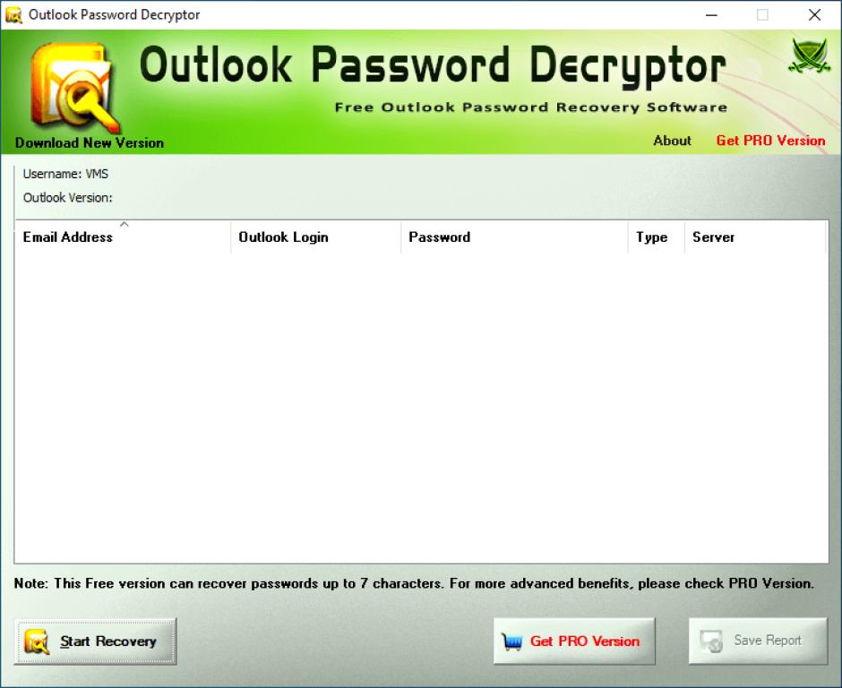 Outlook Password Decryptor main screen