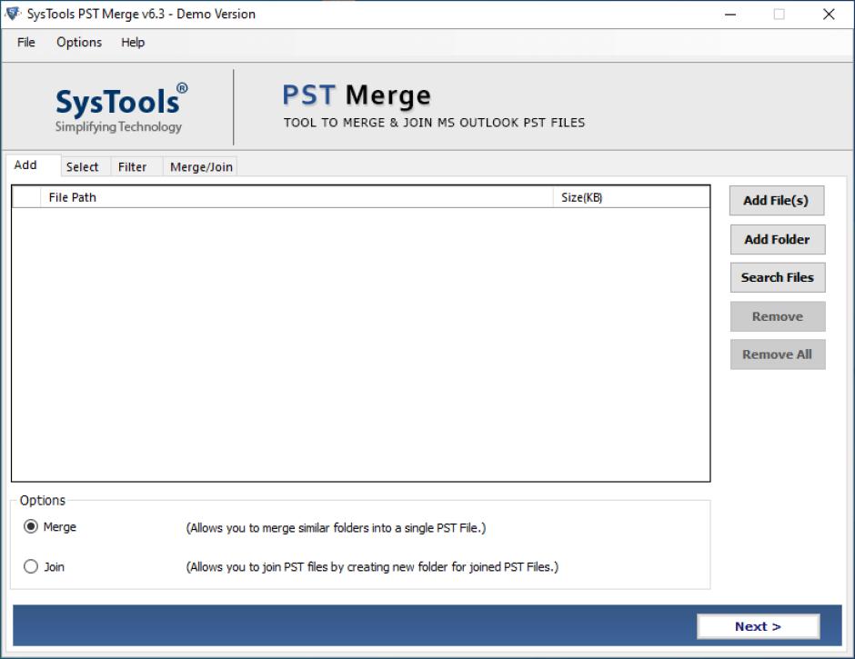 SysTools PST Merge main screen