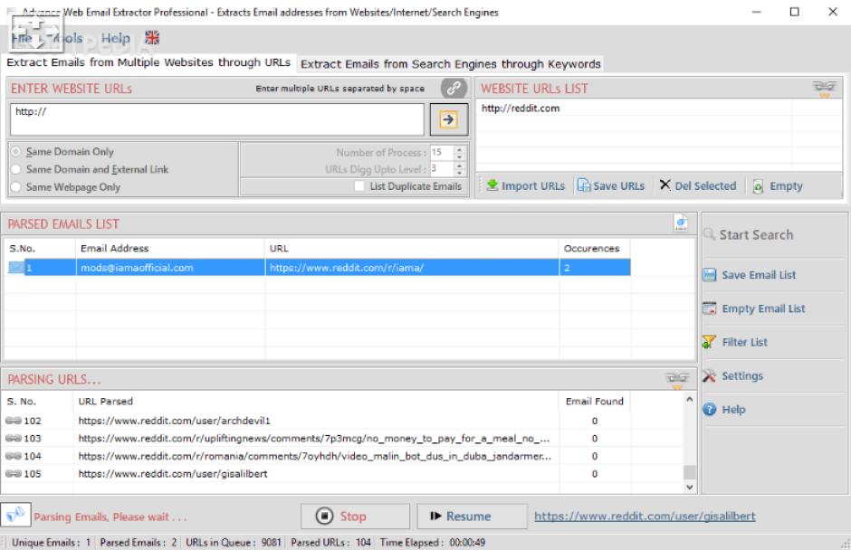 Advance Web Email Extractor Professional main screen