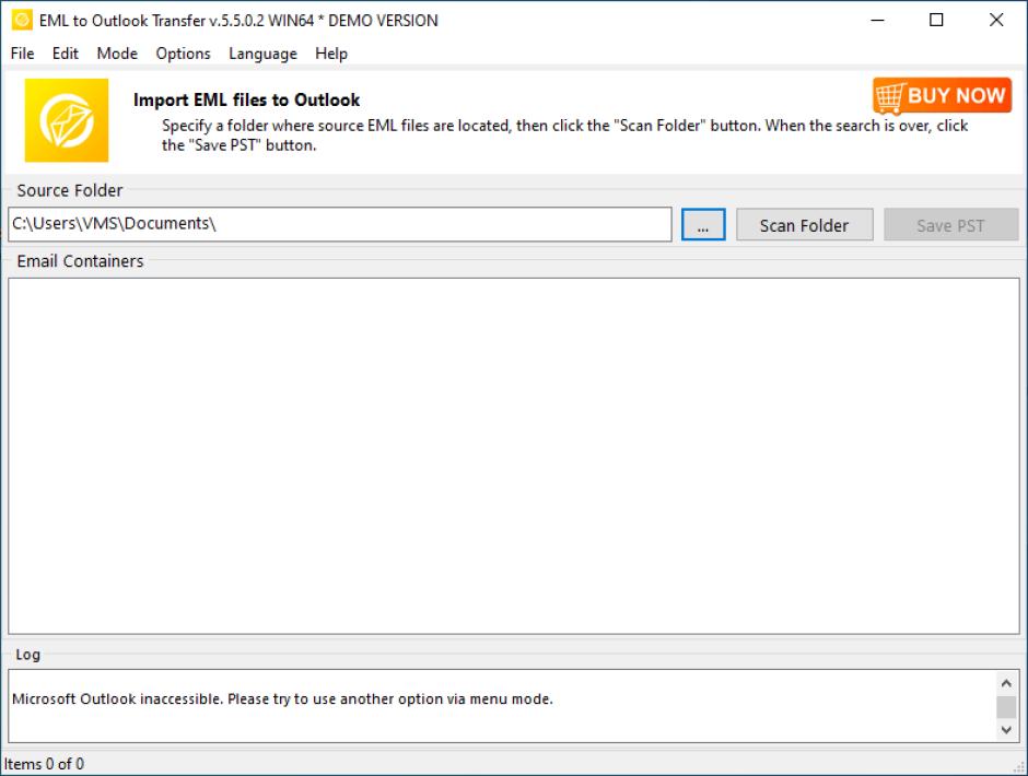 EML to Outlook Transfer main screen