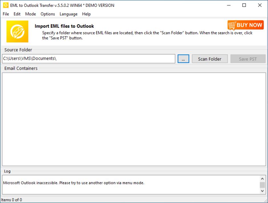 EML to Outlook Transfer main screen