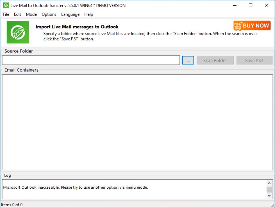 Live Mail to Outlook Transfer main screen