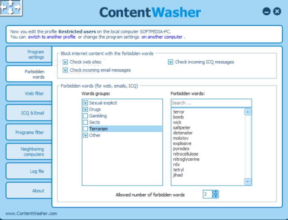 ContentWasher main screen