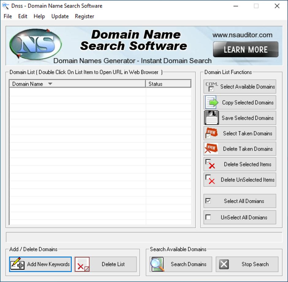 Domain Name Search Software main screen