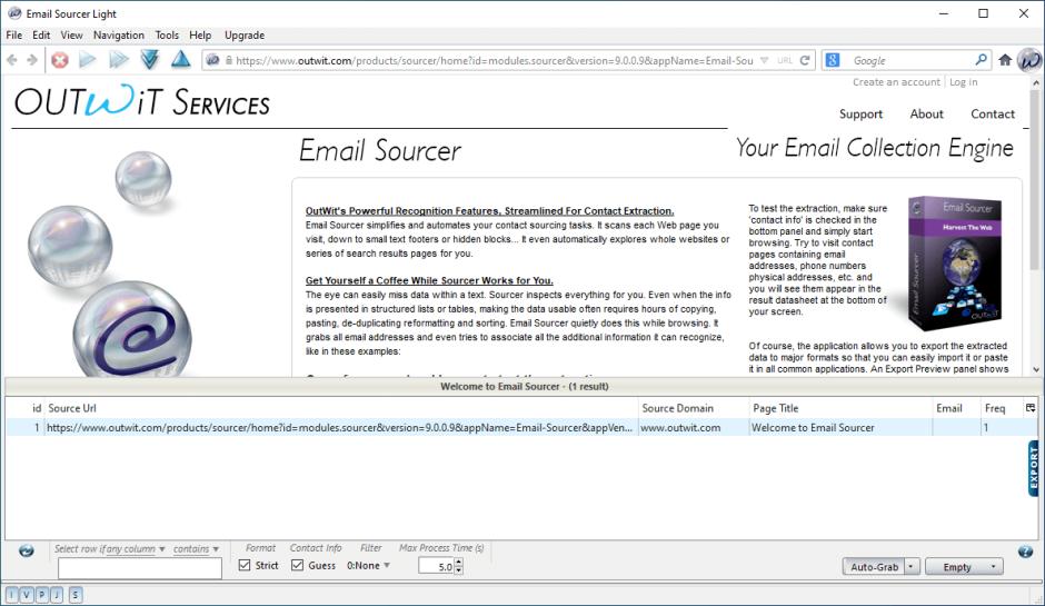 Email Sourcer main screen