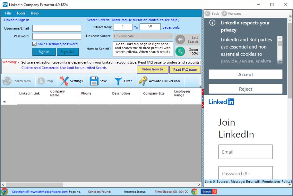 LinkedIn Company Extractor main screen