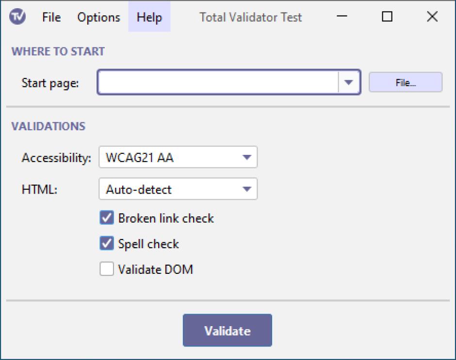 Total Validator Test main screen