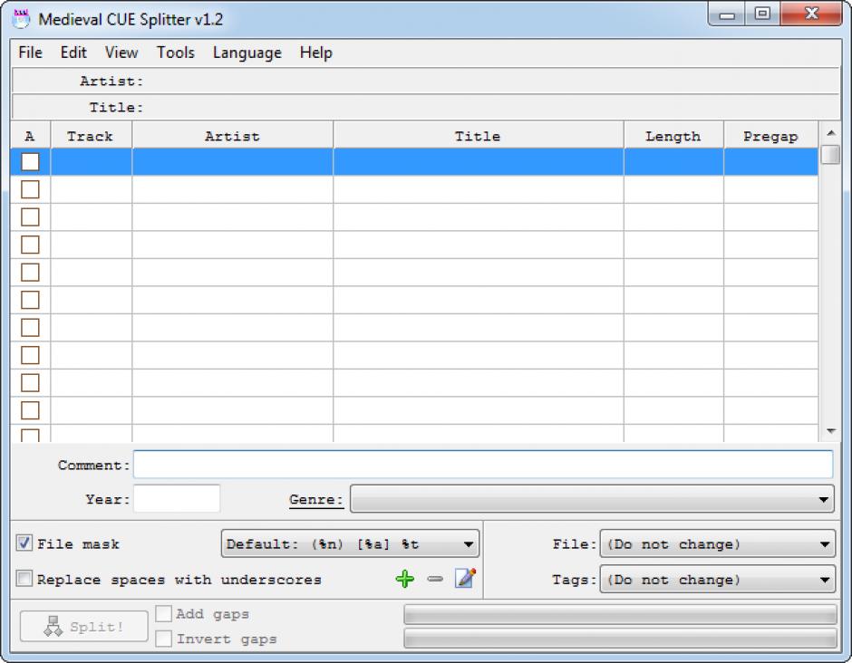 Medieval CUE Splitter main screen