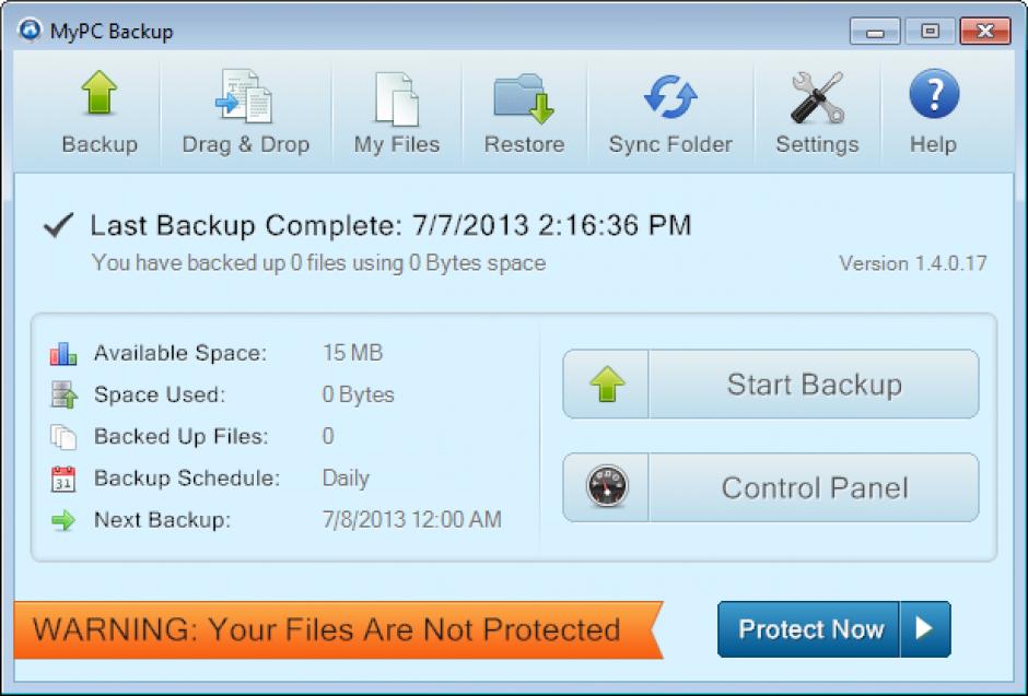 MyPC Backup main screen