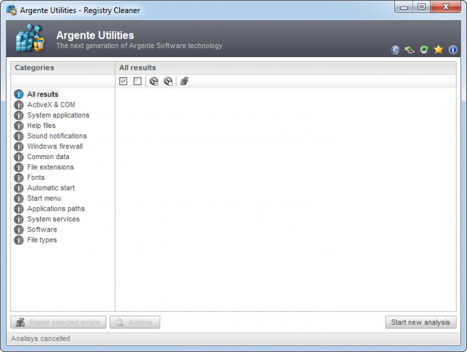 Argente - Registry Cleaner main screen