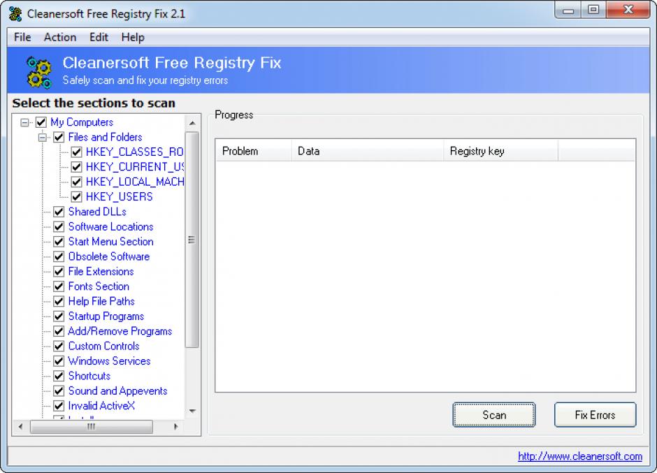 Cleanersoft Free Registry Fix main screen