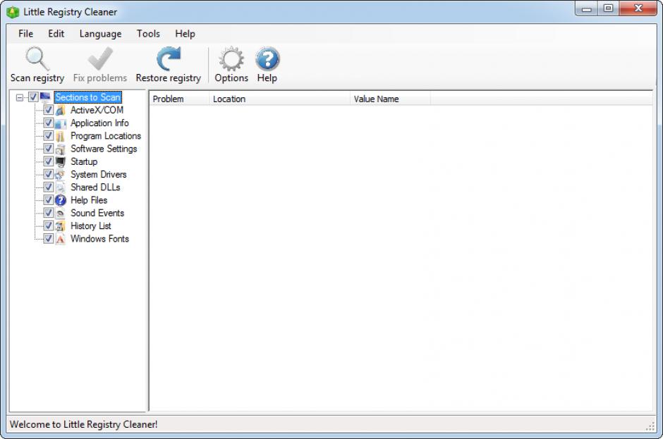 Little Registry Cleaner main screen