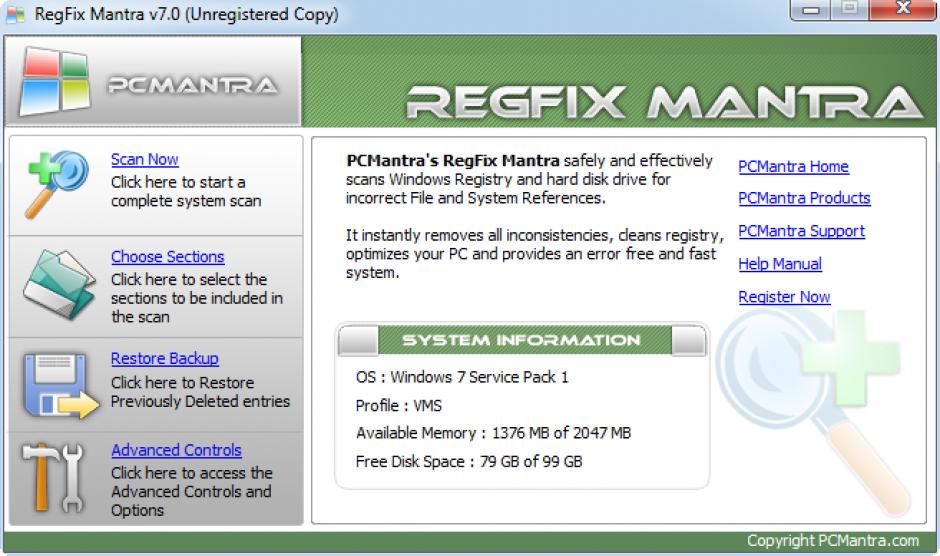 RegFix Mantra main screen