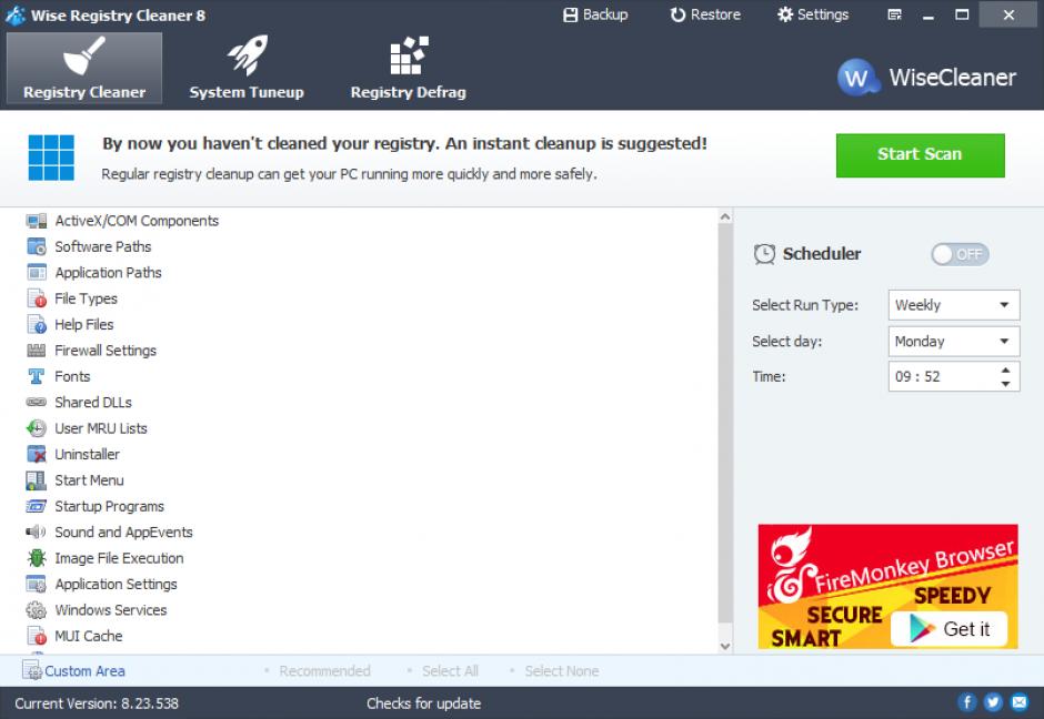 Wise Registry Cleaner main screen