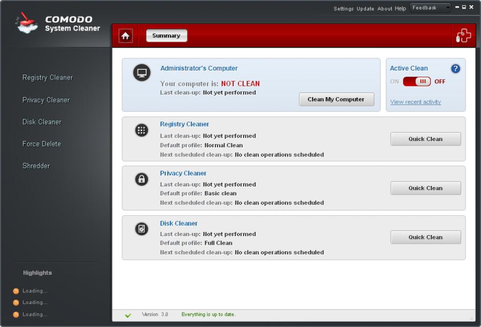 Comodo System Cleaner main screen