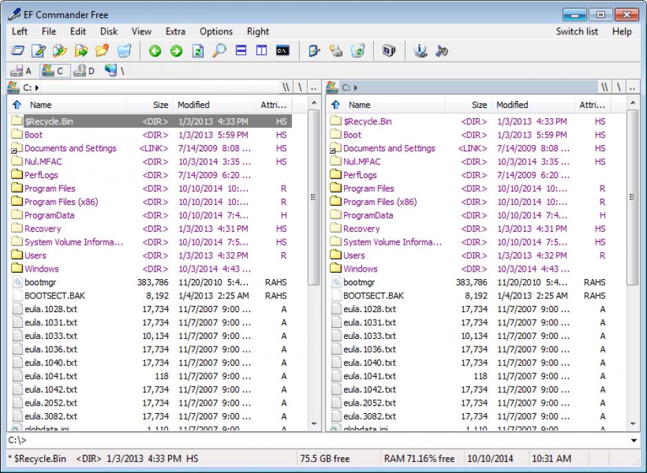 EF Commander Free main screen