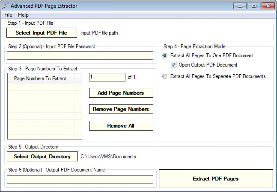 Advanced Pdf Page Extractor main screen