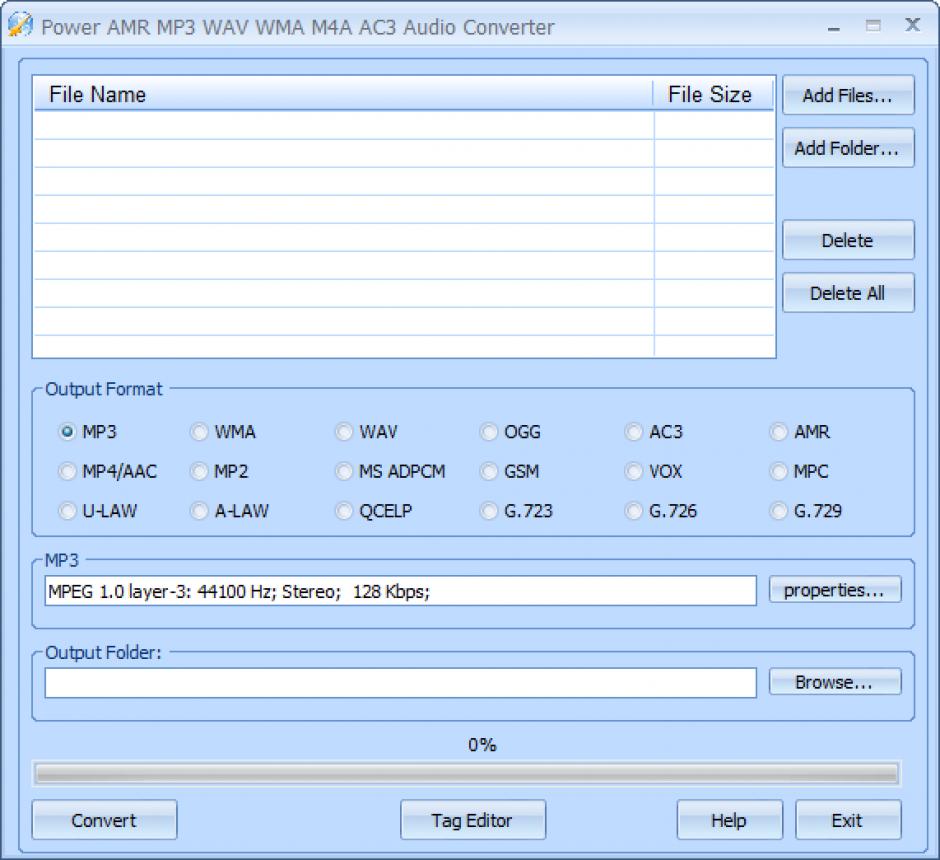 Power AMR MP3 WAV WMA M4A AC3 Audio Converter main screen