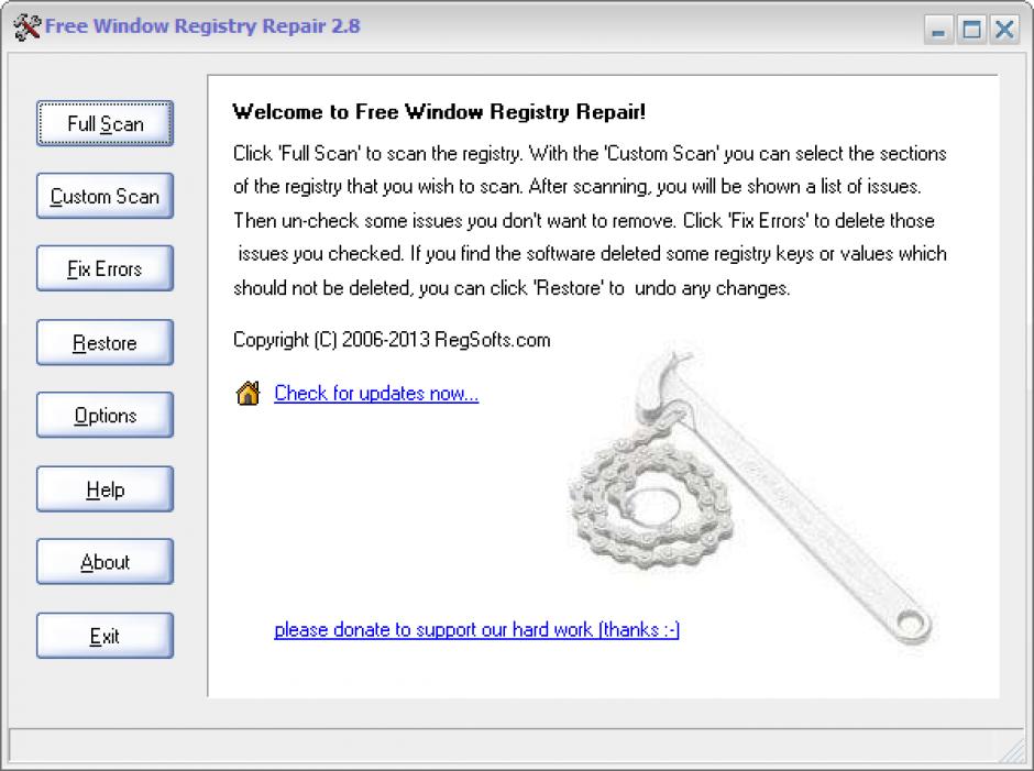 Free Window Registry Repair main screen