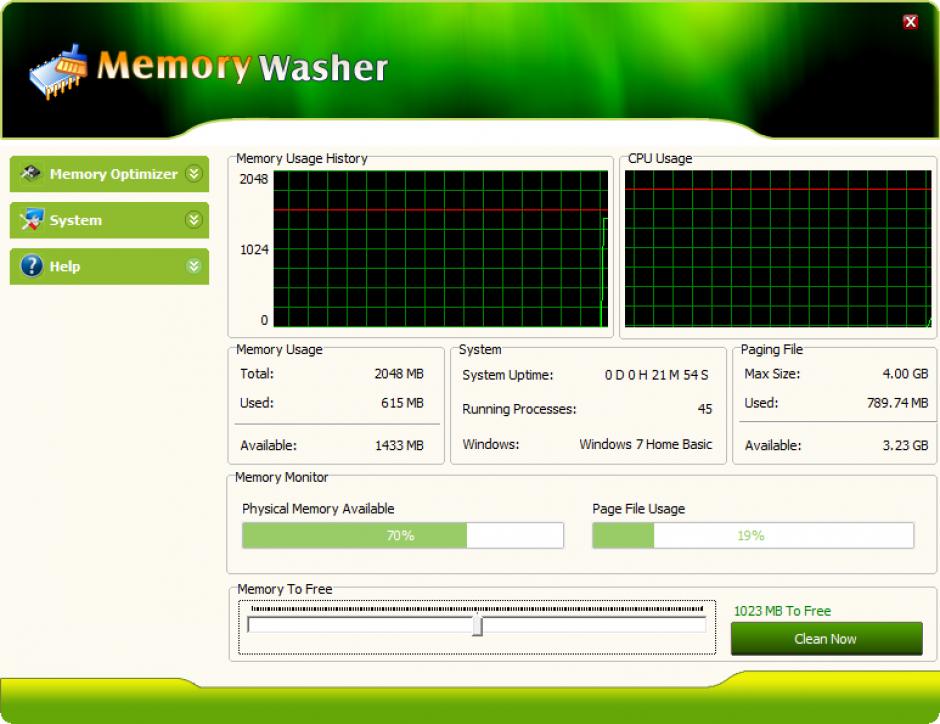 Memory Washer main screen