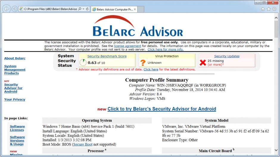 Belarc Advisor main screen