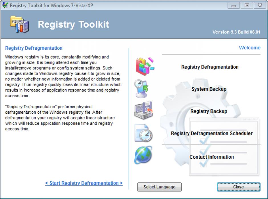 Registry Defragmentation main screen