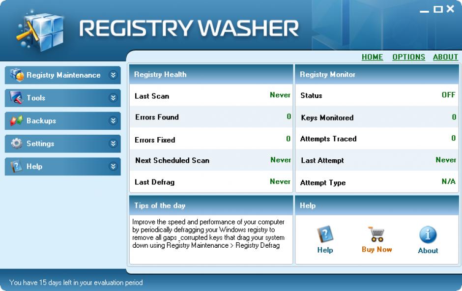 Registry Washer main screen