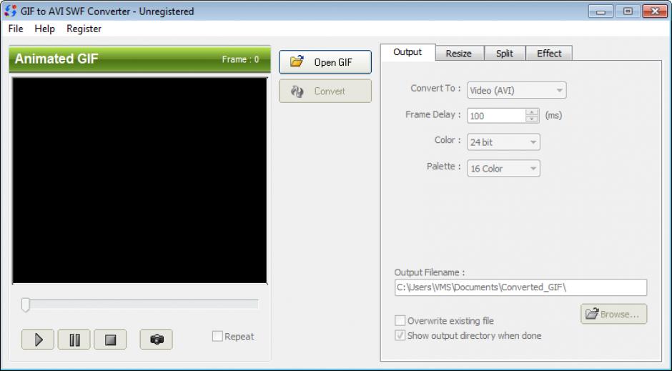 GIF to AVI SWF Converter main screen