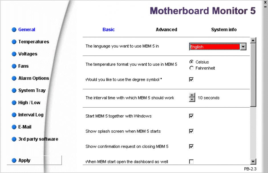 Motherboard Monitor main screen