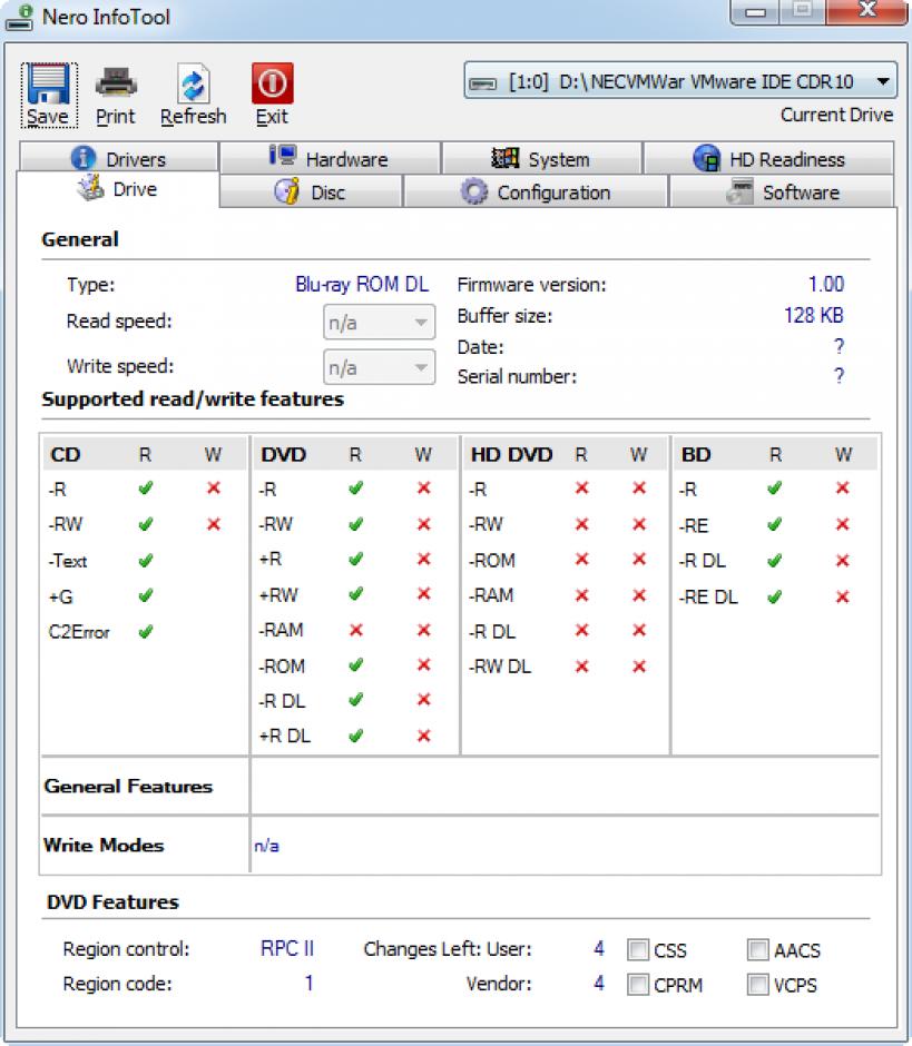 Nero Info Tool main screen