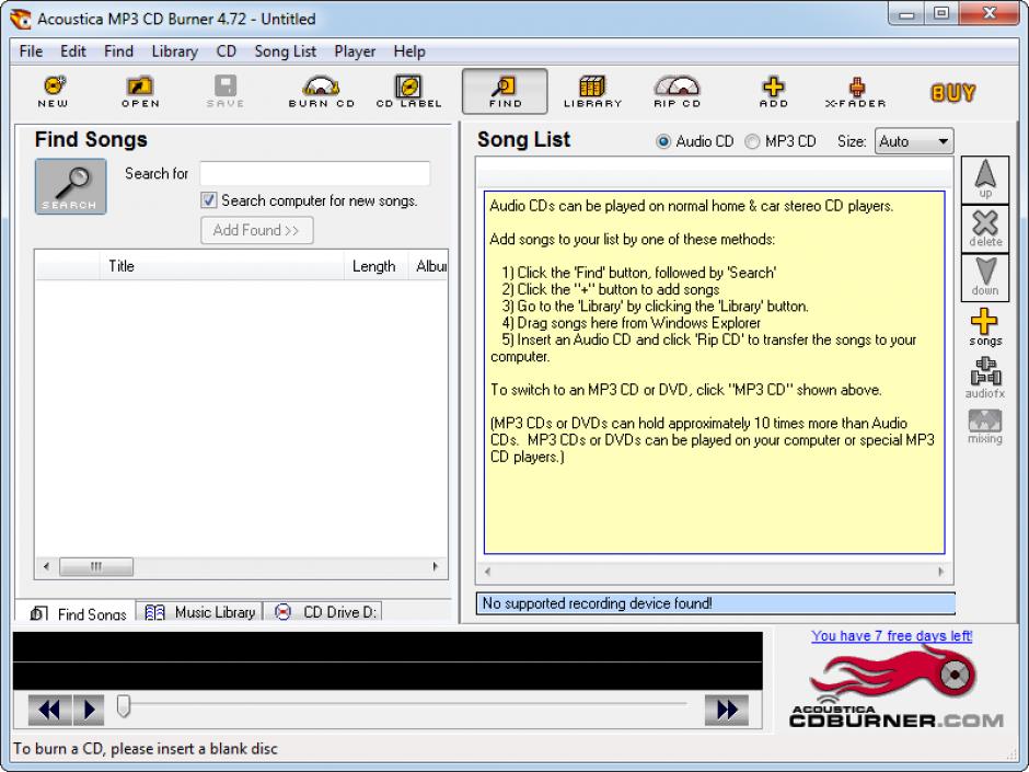 Acoustica MP3 CD Burner main screen