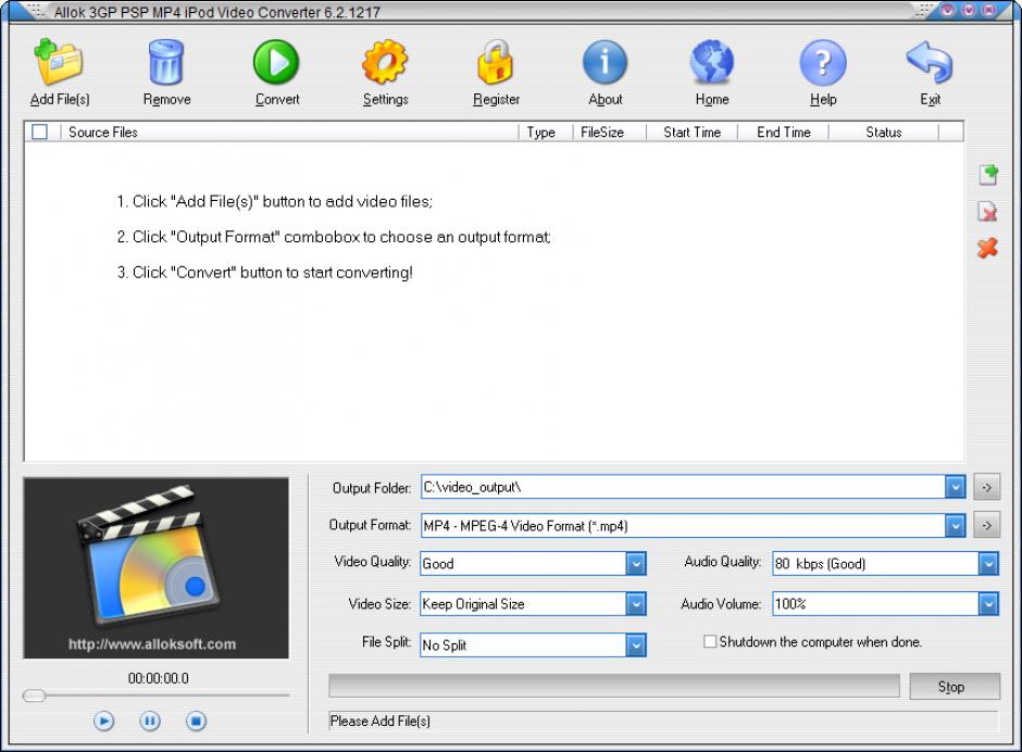 Allok 3GP PSP MP4 iPod Video Converter main screen