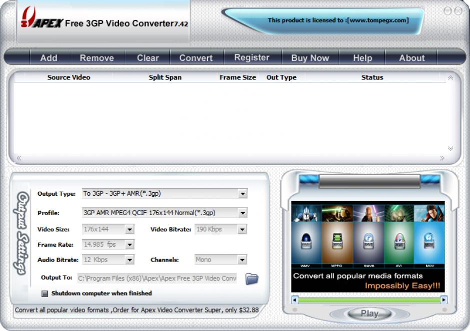 Apex Free 3GP Video Converter main screen