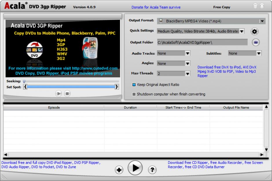 Acala DVD 3gp Ripper main screen
