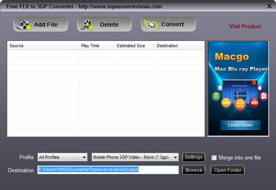 Free FLV to 3GP Converter main screen