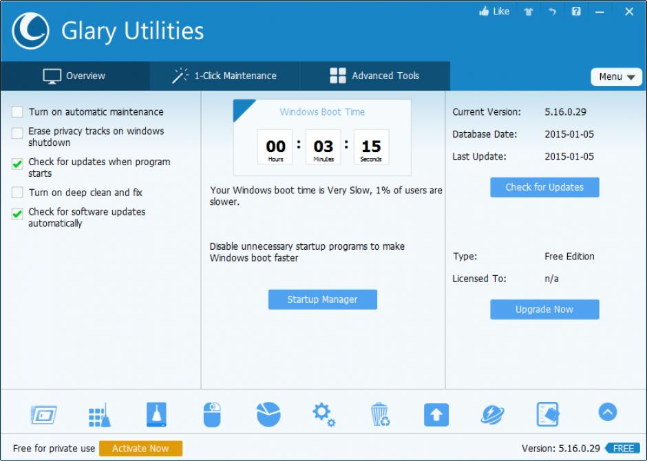 Glary Utilities main screen